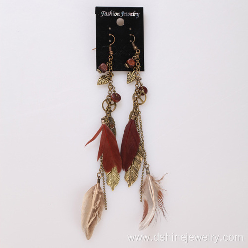 Long Feather Earrings With Peace Charms Pendant Earrings